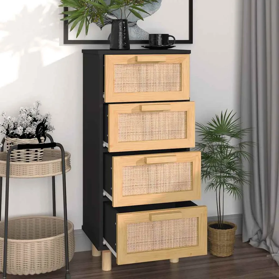 Buffet Noir 40x30x90 cm Bois de pin massif et rotin naturel - 3