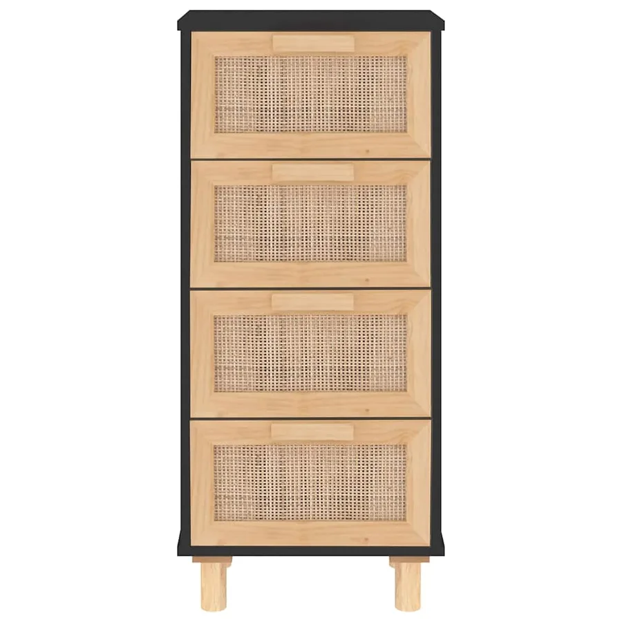 Buffet Noir 40x30x90 cm Bois de pin massif et rotin naturel - 4