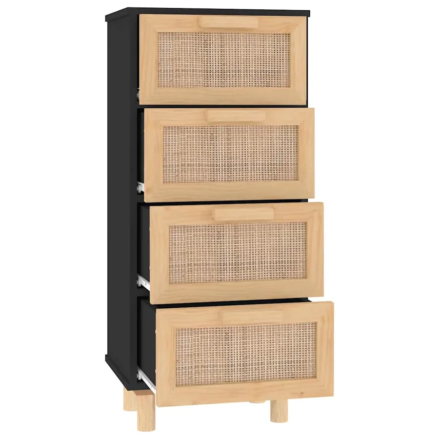 Buffet Noir 40x30x90 cm Bois de pin massif et rotin naturel - 5