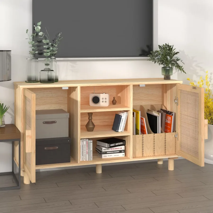 Buffet Marron 105x30x60 cm Bois de pin massif et rotin naturel - 3