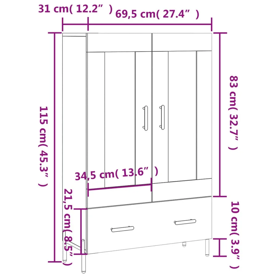 Buffet haut chêne sonoma 69,5x31x115 cm bois d'ingénierie - 13