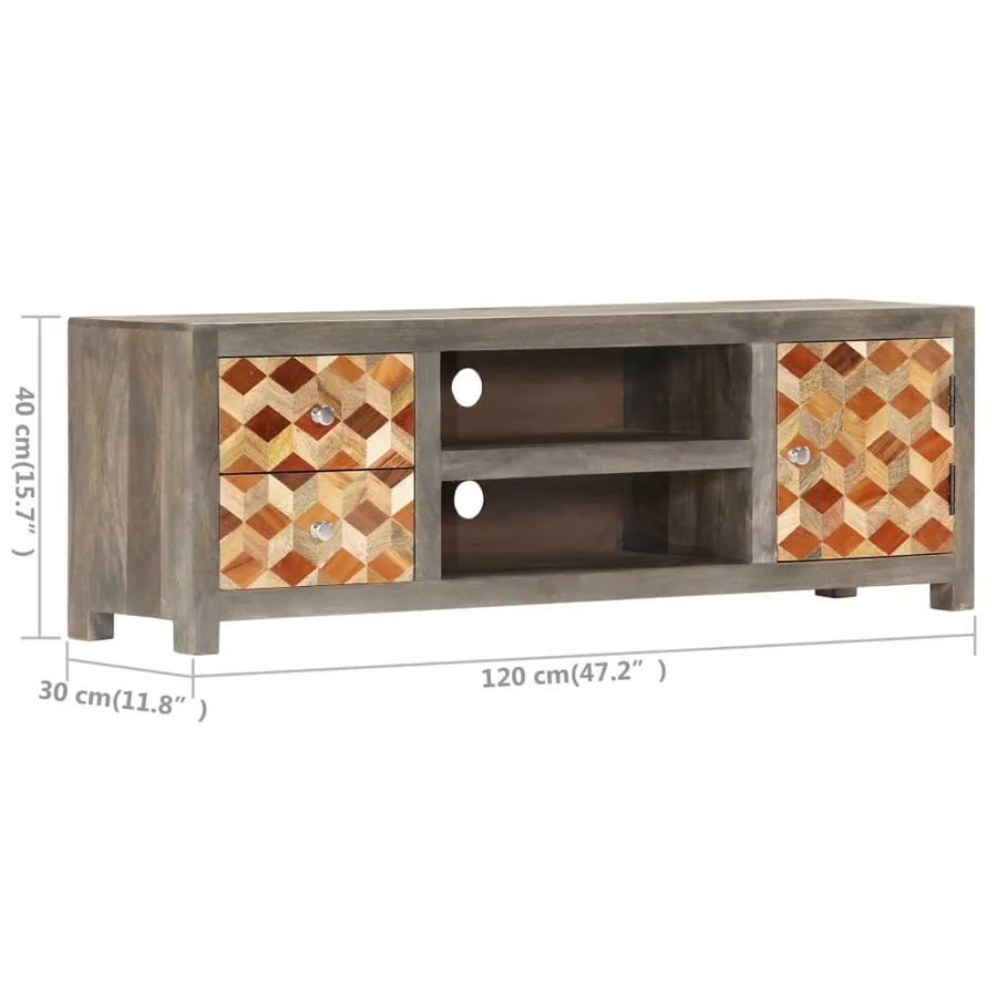 Meuble TV Gris 120 x 30 x 40 cm Bois massif de manguier - 8
