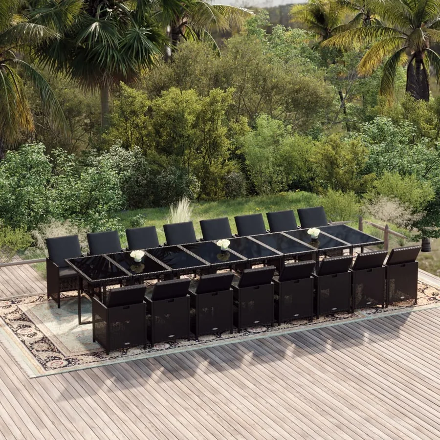 Ensemble à manger de jardin 17 pcs coussins noir résine tressée