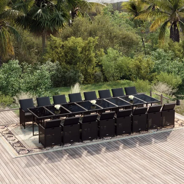 Ensemble à manger de jardin 17 pcs coussins noir résine tressée
