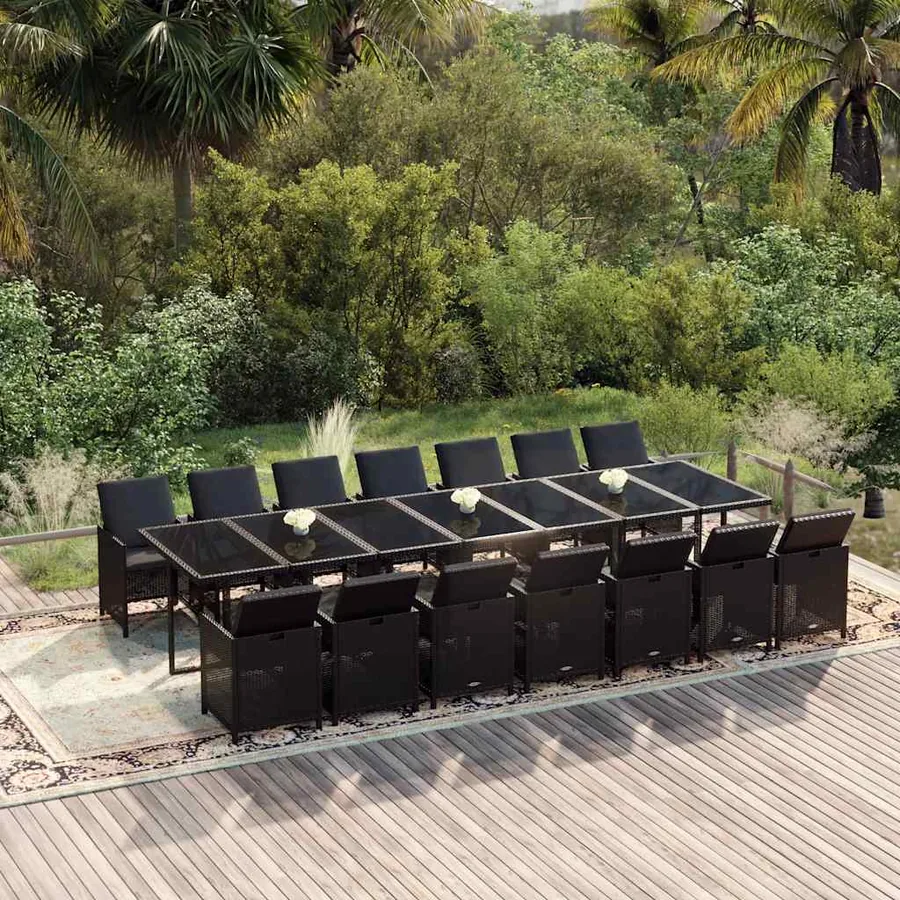 Ensemble à manger de jardin coussins 15 pcs Résine tressée Noir