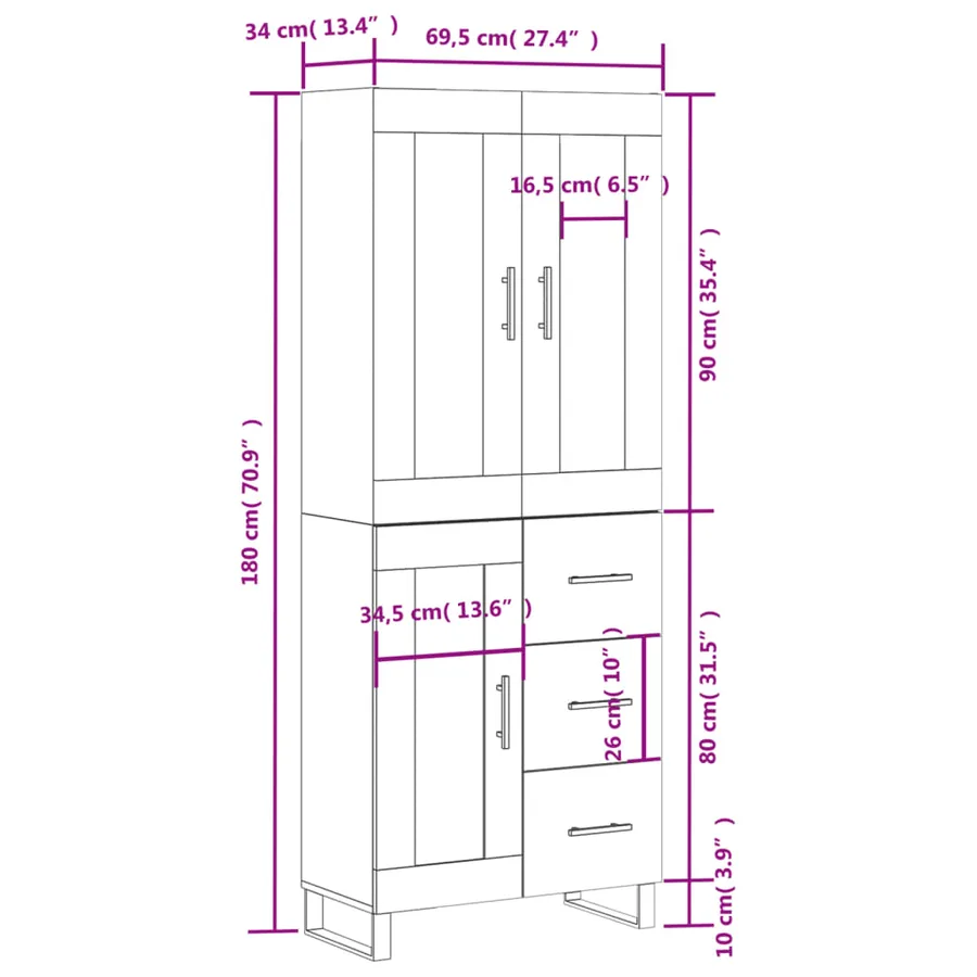 Buffet haut Sonoma gris 69,5x34x180 cm Bois d'ingénierie - 14
