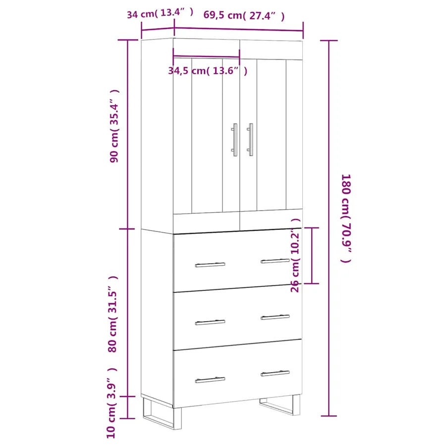 Buffet haut Blanc 69,5x34x180 cm Bois d'ingénierie - 14