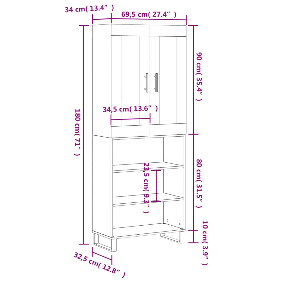 Buffet haut Gris béton 69,5x34x180 cm Bois d'ingénierie - 13