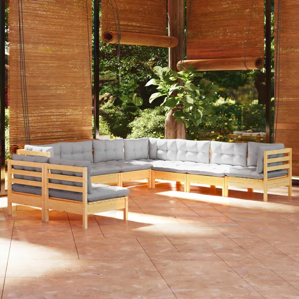 Salon de jardin 9 pcs avec coussins gris bois de pin massif