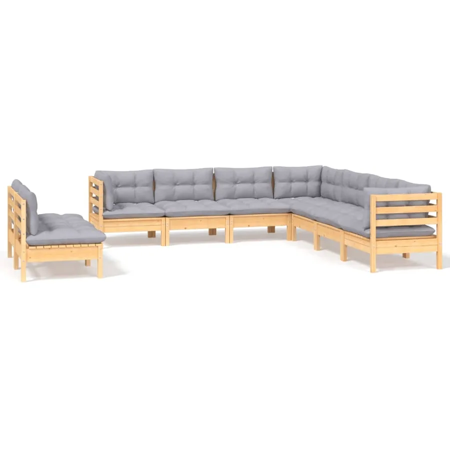 Salon de jardin 9 pcs avec coussins gris bois de pin massif - 2