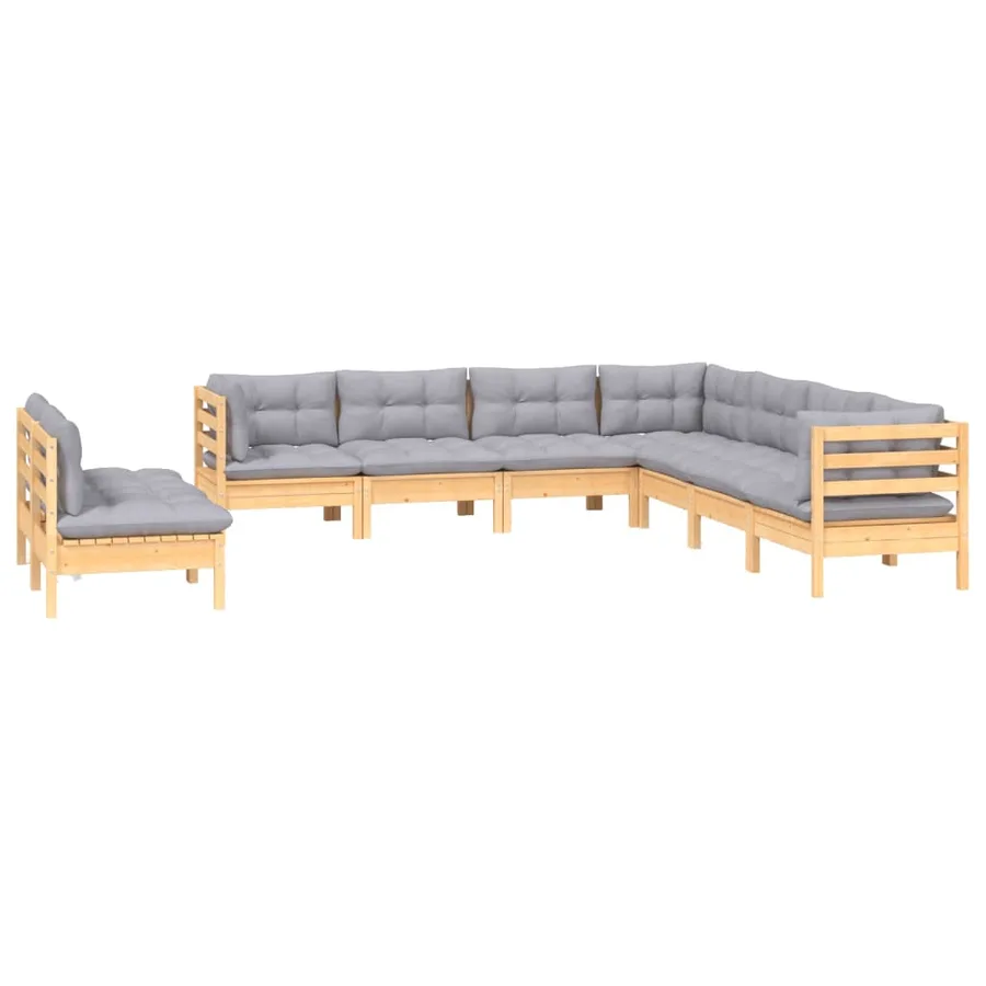 Salon de jardin 9 pcs avec coussins gris bois de pin massif - 3