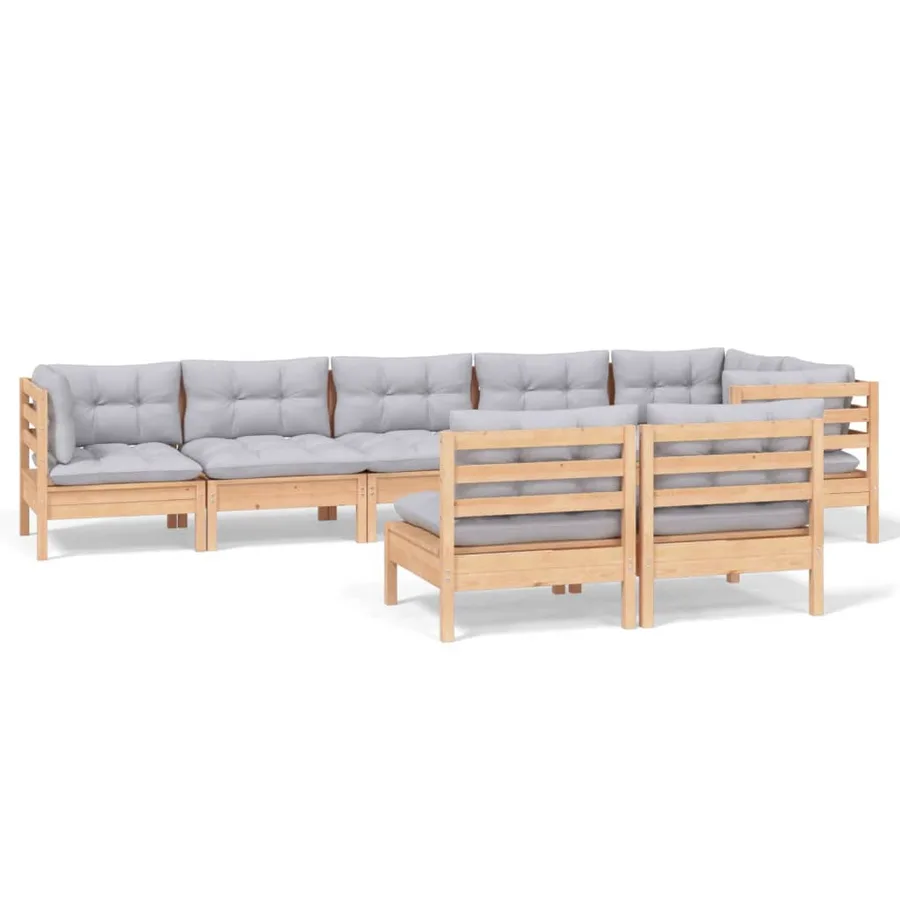 Salon de jardin 8 pcs avec coussins gris Bois de pin massif - 2