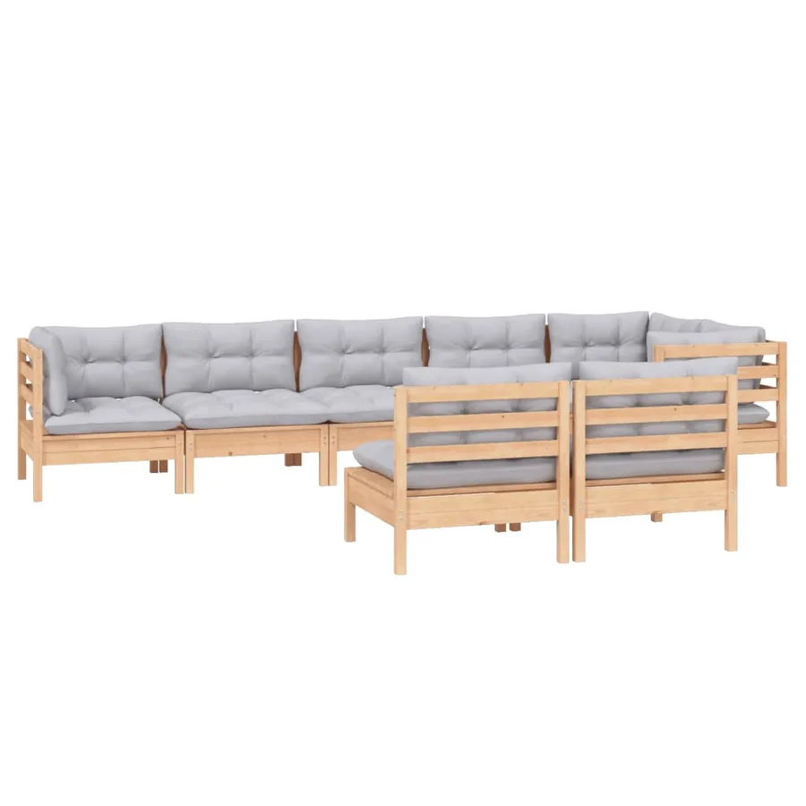 Salon de jardin 8 pcs avec coussins gris Bois de pin massif - 3