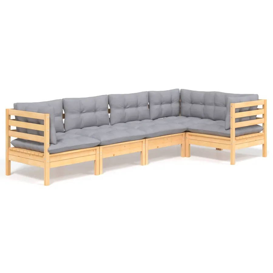 Salon de jardin 5 pcs avec coussins gris bois de pin - 2
