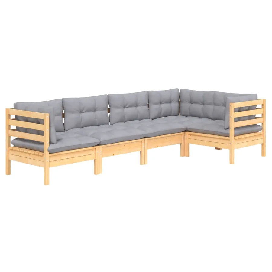 Salon de jardin 5 pcs avec coussins gris bois de pin - 3