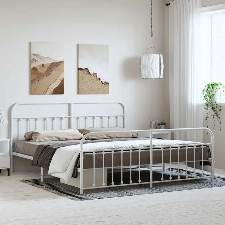 Cadre de lit métal sans matelas et pied de lit blanc 193x203 cm