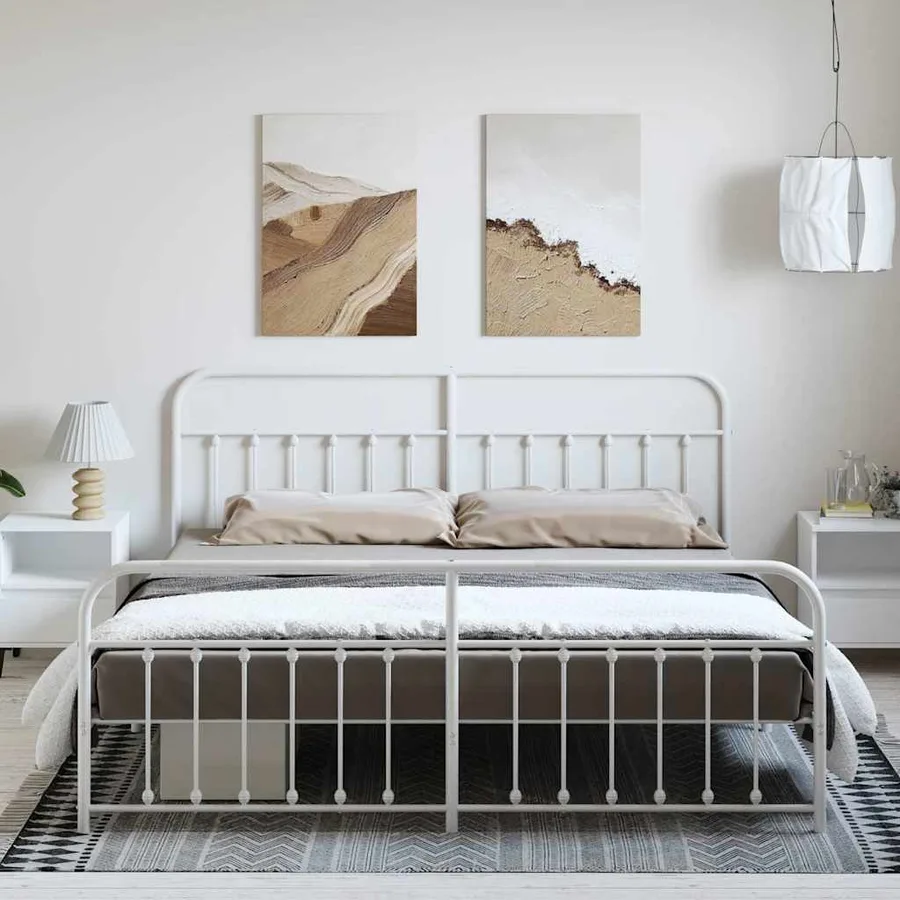 Cadre de lit métal sans matelas et pied de lit blanc 193x203 cm - 4