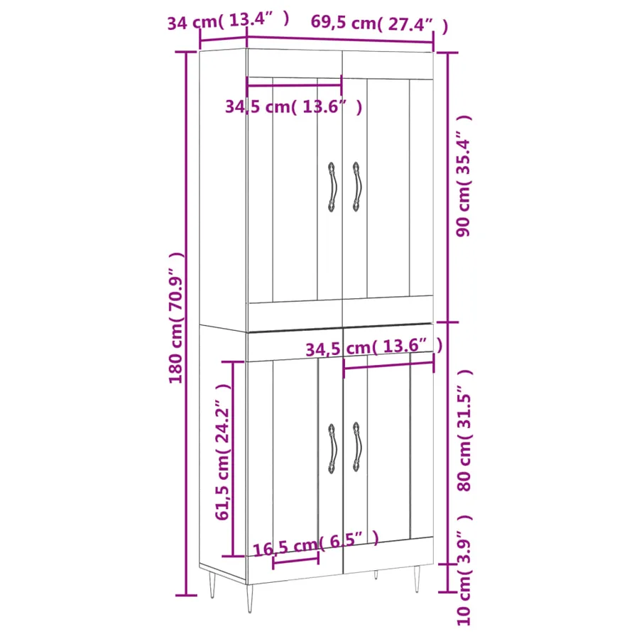Buffet haut Blanc 69,5x34x180 cm Bois d'ingénierie - 13