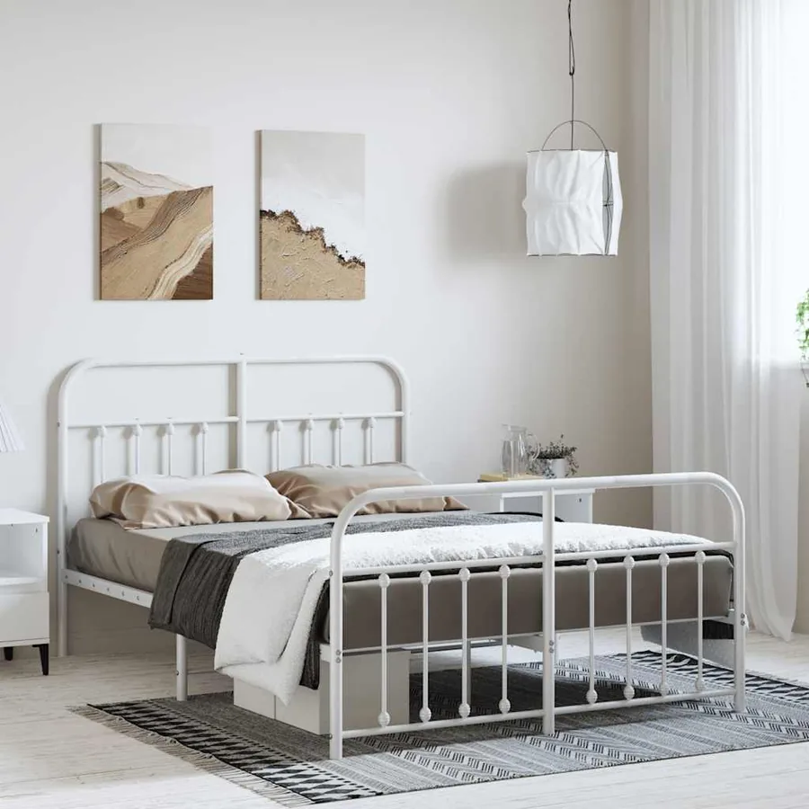 Cadre de lit métal sans matelas et pied de lit blanc 150x200 cm