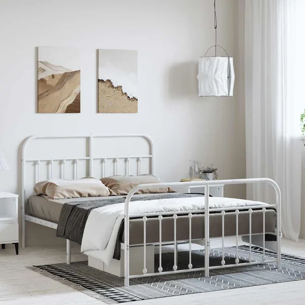 Cadre de lit métal sans matelas et pied de lit blanc 150x200 cm