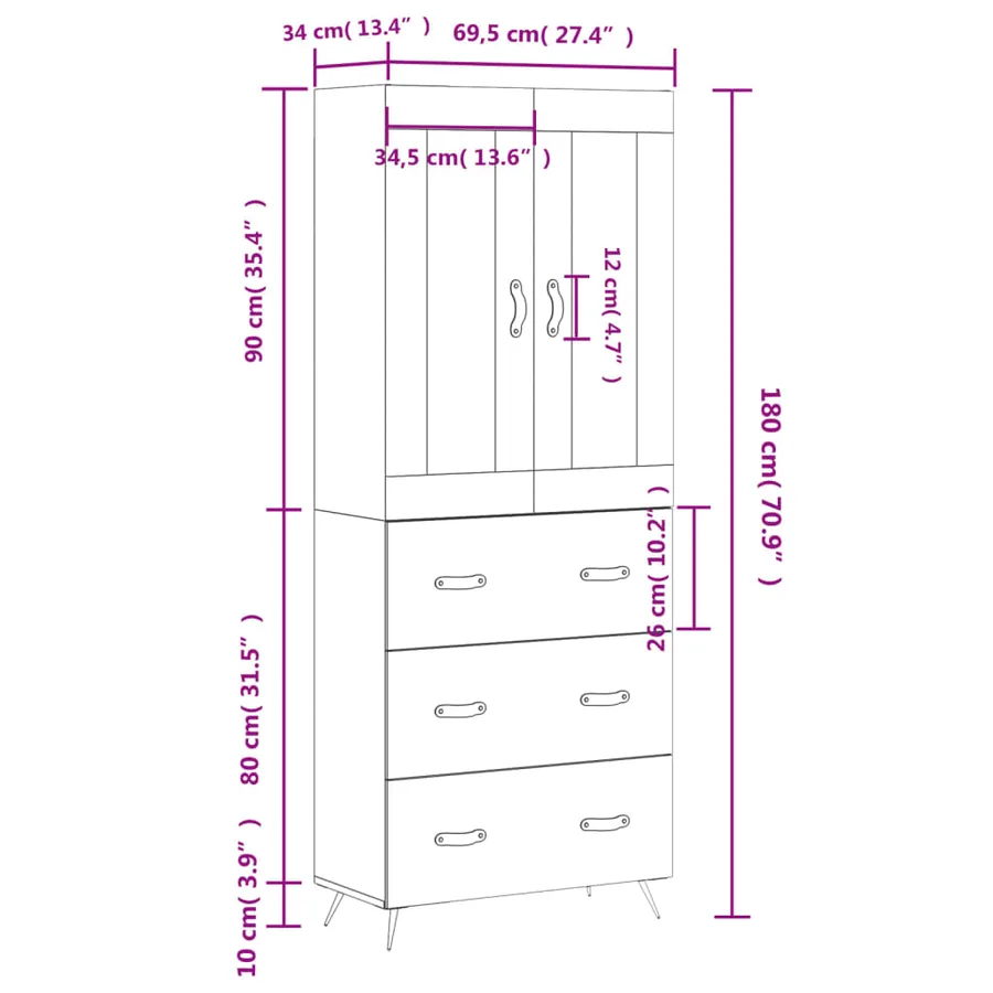 Buffet haut Blanc 69,5x34x180 cm Bois d'ingénierie - 14