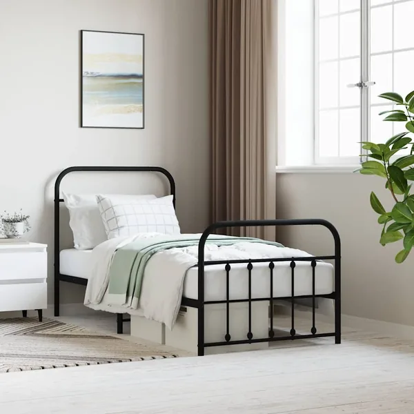 Cadre de lit métal sans matelas avec pied de lit noir 90x190 cm