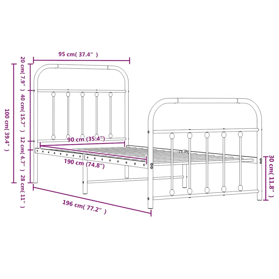Cadre de lit métal sans matelas avec pied de lit noir 90x190 cm - 9