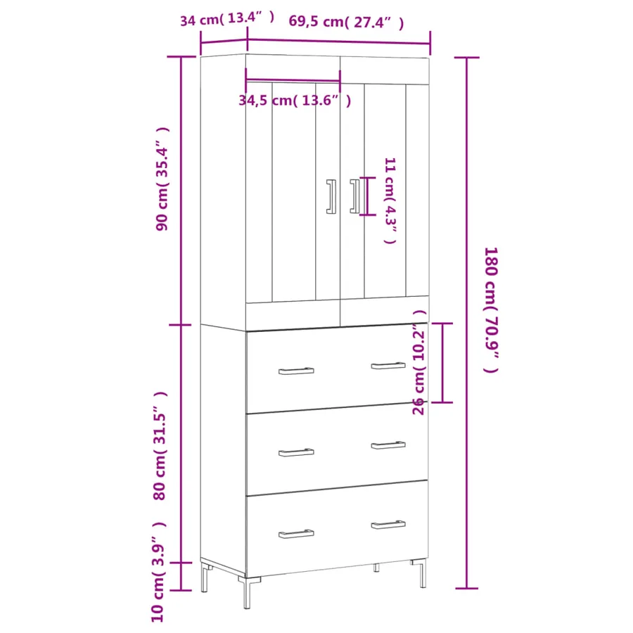 Buffet haut Chêne sonoma 69,5x34x180 cm Bois d'ingénierie - 14