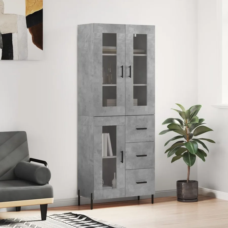 Buffet haut Gris béton 69,5x34x180 cm Bois d'ingénierie