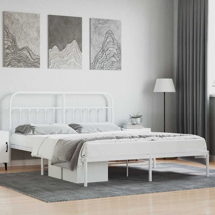 Cadre de lit métal sans matelas et tête de lit blanc 160x200 cm