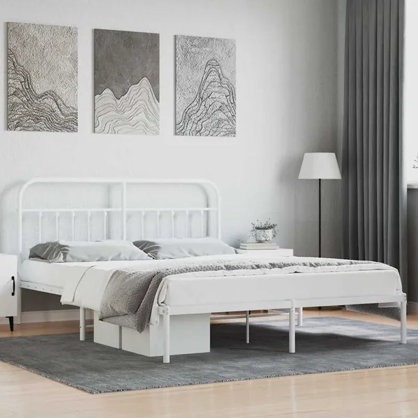 Cadre de lit métal sans matelas et tête de lit blanc 160x200 cm