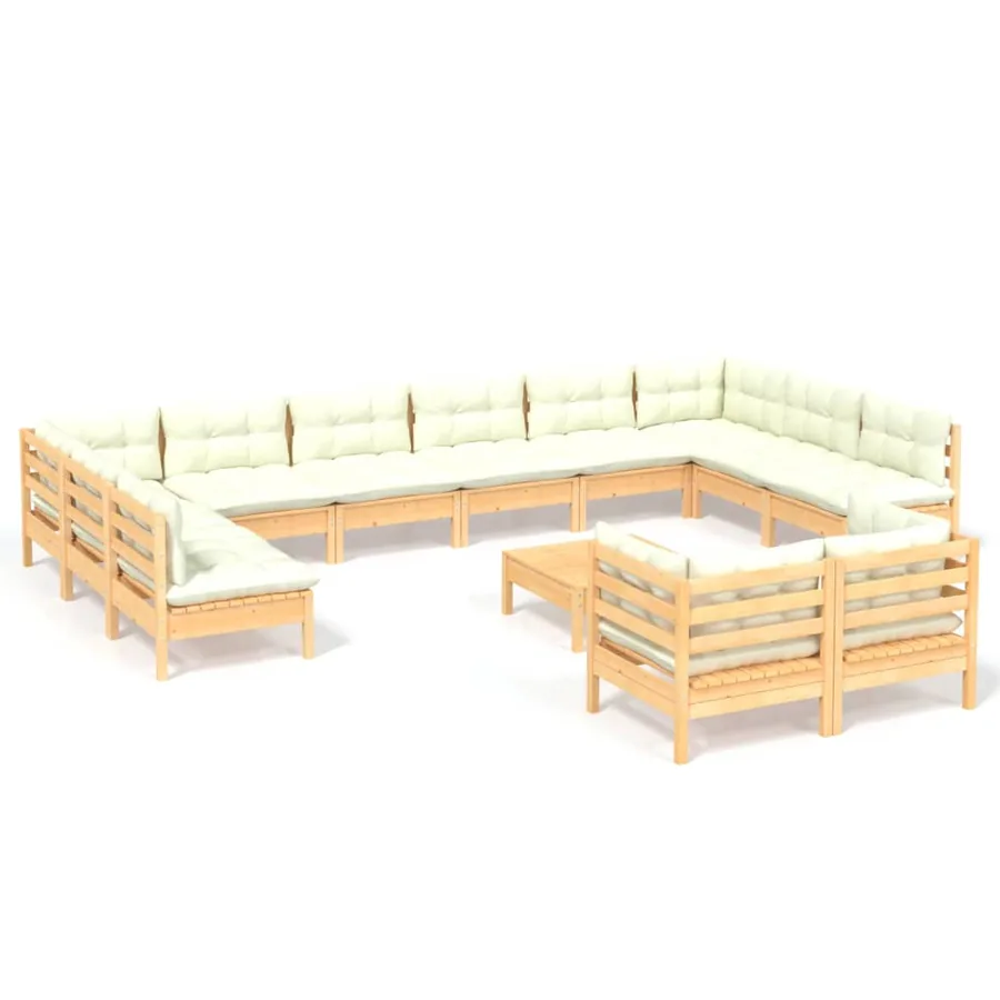 Salon de jardin 13 pcs avec coussins crème bois de pin - 2