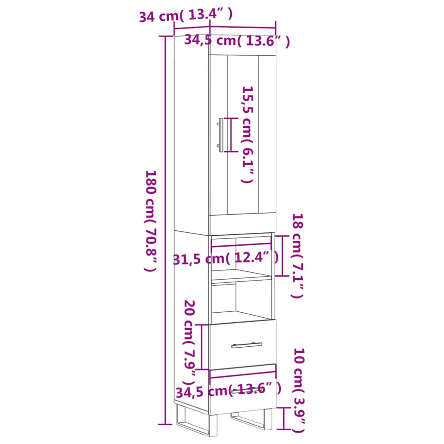 Buffet haut Gris béton 34,5x34x180 cm Bois d'ingénierie - 14