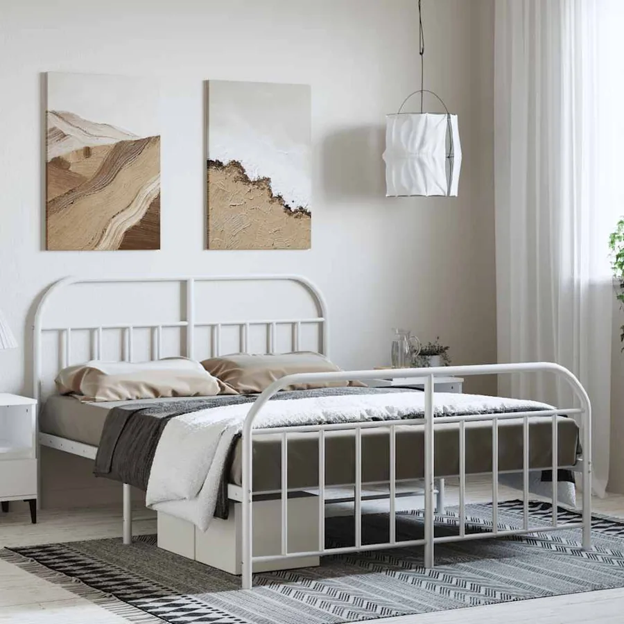 Cadre de lit métal sans matelas et pied de lit blanc 150x200 cm