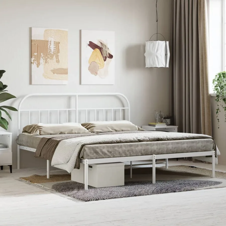 Cadre de lit métal sans matelas et tête de lit blanc 180x200 cm