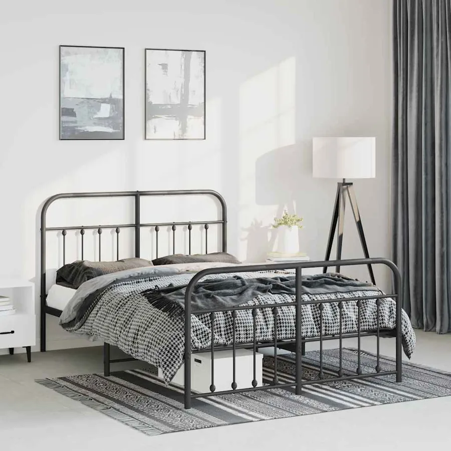 Cadre de lit métal sans matelas avec pied de lit noir 135x190cm