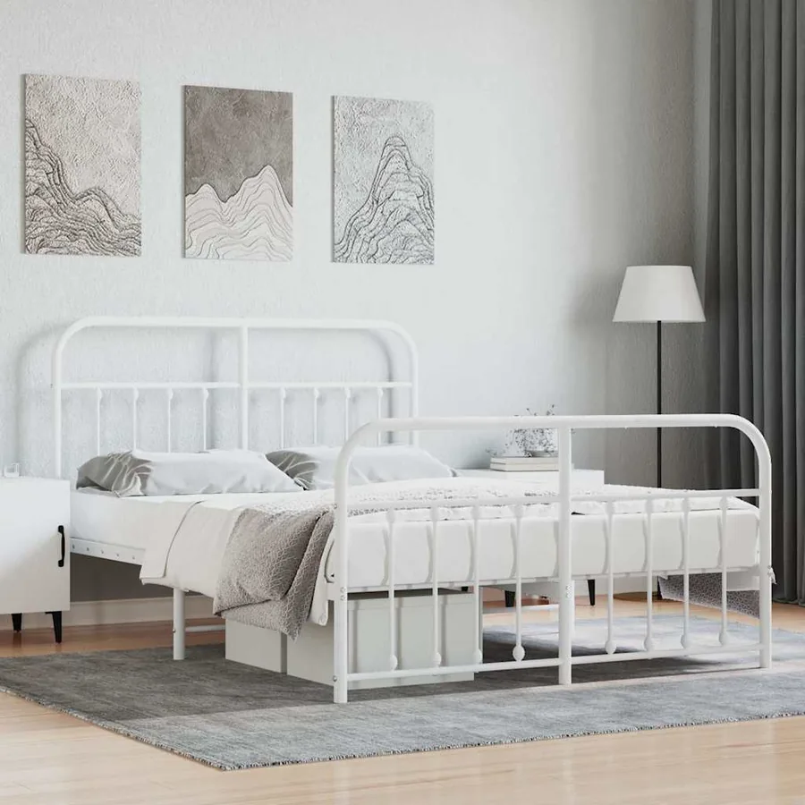 Cadre de lit métal sans matelas et pied de lit blanc 140x190 cm