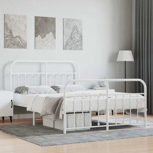 Cadre de lit métal sans matelas et pied de lit blanc 140x190 cm