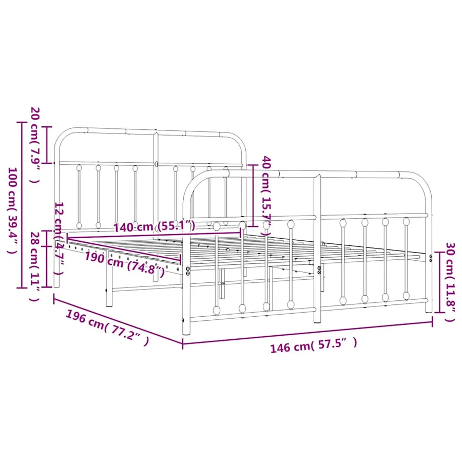 Cadre de lit métal sans matelas et pied de lit blanc 140x190 cm - 10