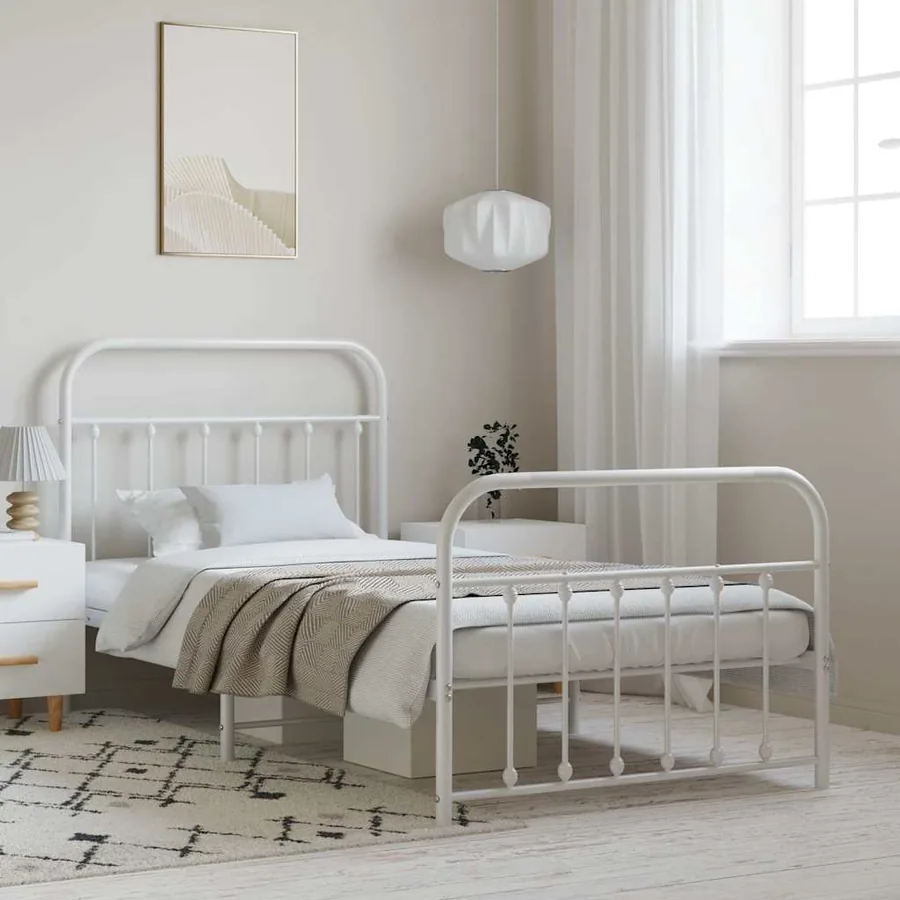 Cadre de lit métal sans matelas et pied de lit blanc 100x190 cm