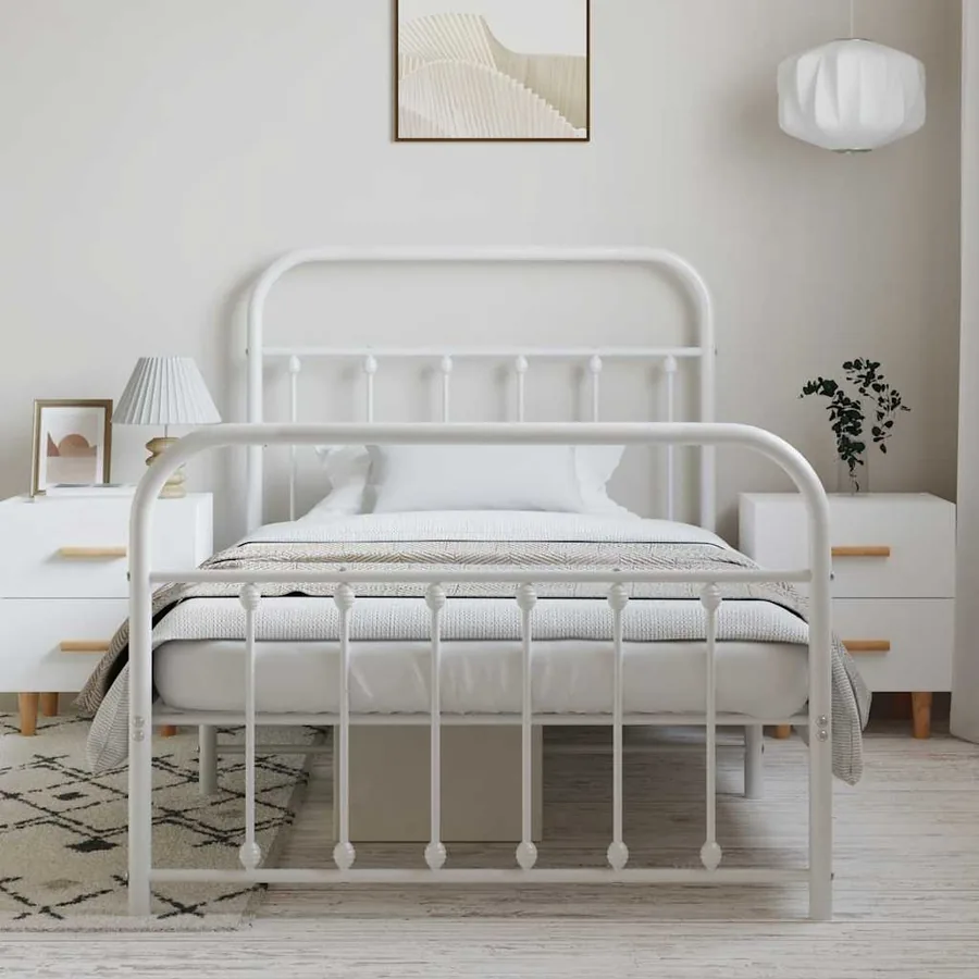 Cadre de lit métal sans matelas et pied de lit blanc 100x190 cm - 4
