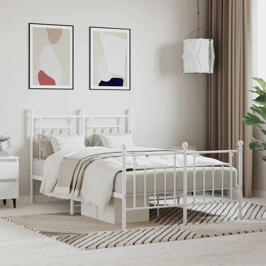 Cadre de lit métal sans matelas et pied de lit blanc 120x190 cm