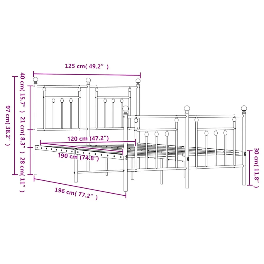 Cadre de lit métal sans matelas et pied de lit blanc 120x190 cm - 10