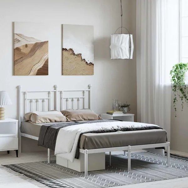 Cadre de lit métal sans matelas et tête de lit blanc 135x190 cm