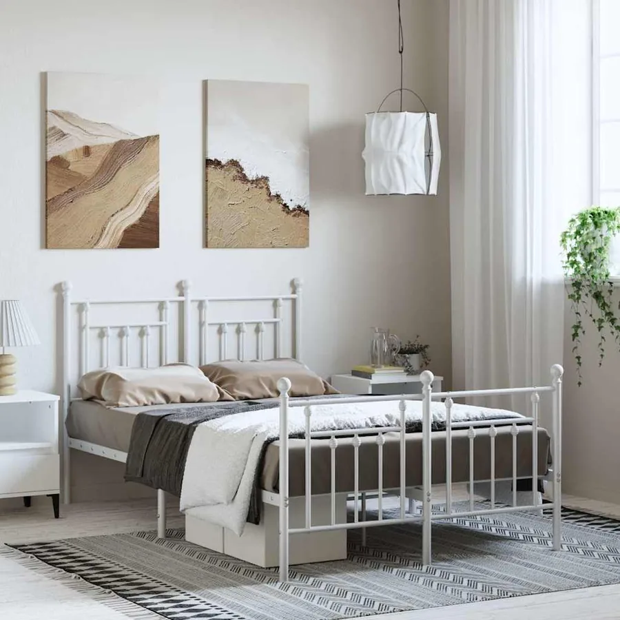 Cadre de lit métal sans matelas et pied de lit blanc 135x190 cm