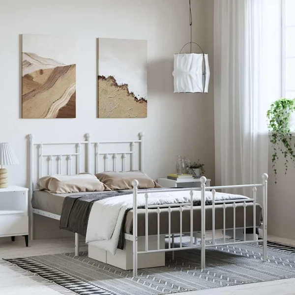 Cadre de lit métal sans matelas et pied de lit blanc 135x190 cm