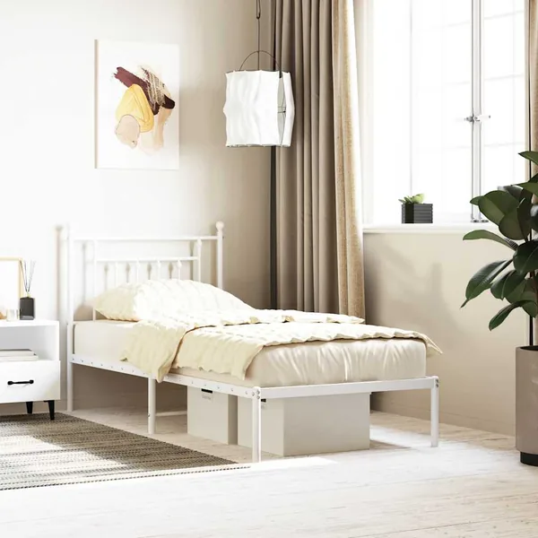 Cadre de lit métal sans matelas avec tête de lit blanc 90x200cm
