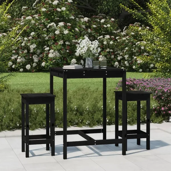 Ensemble de bar de jardin 3 pcs noir bois de pin massif