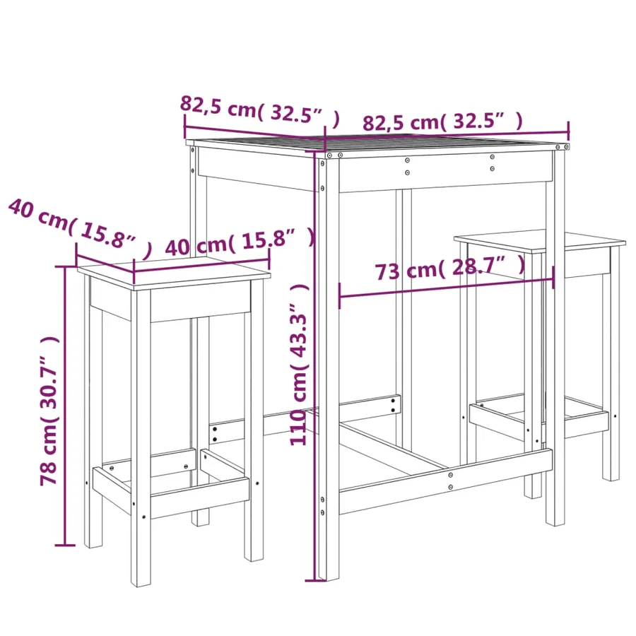Ensemble de bar de jardin 3 pcs noir bois de pin massif - 9