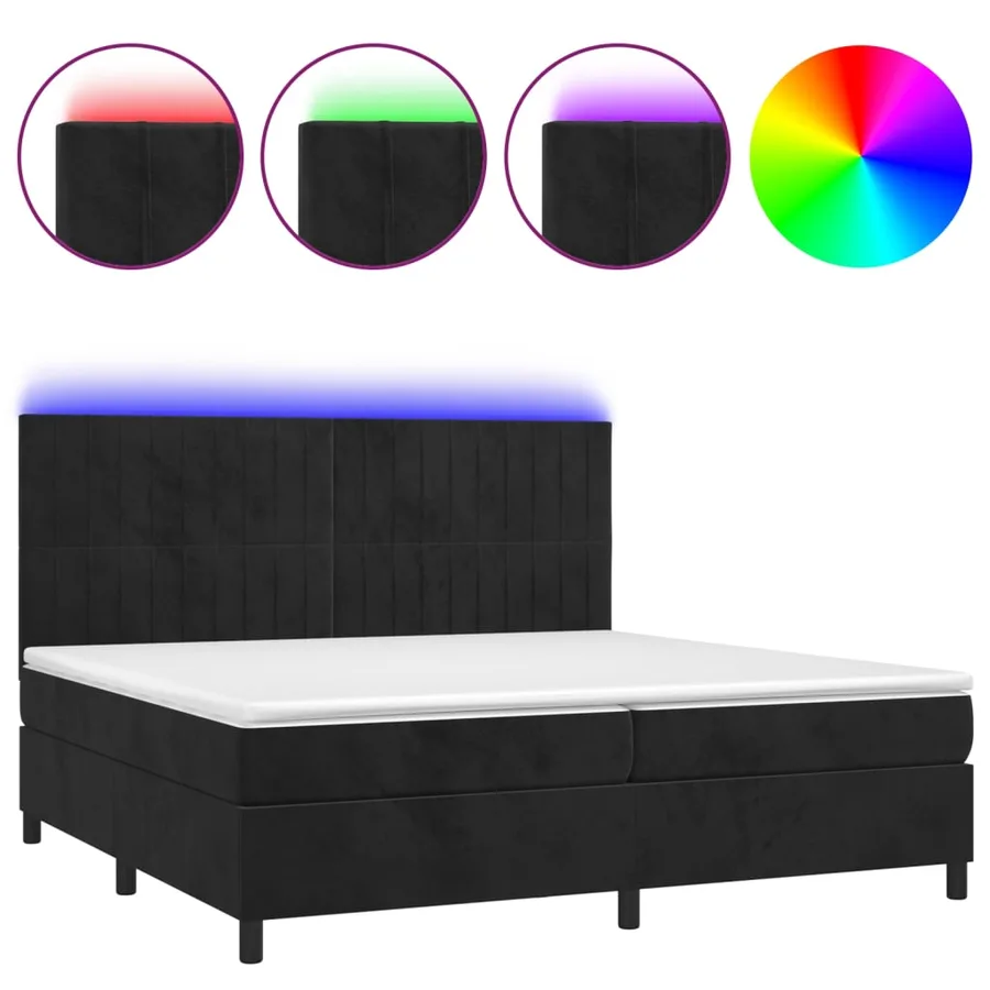 Sommier à lattes de lit matelas et LED Noir 200x200 cm Velours - 2